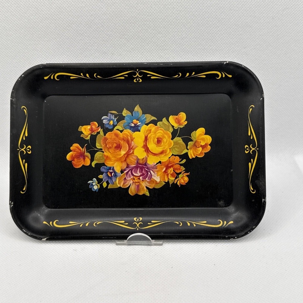 Vintage Small Metal Tray Trinket Tray Floral Toleware Litho  Black 6.5" x 4.5"